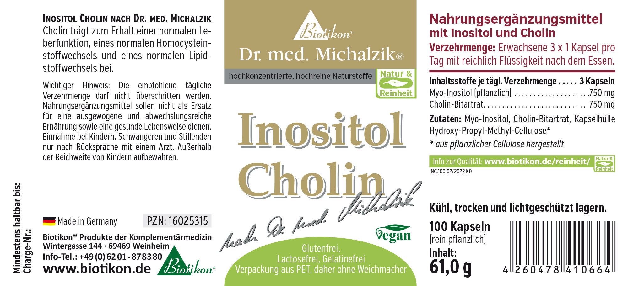 Inositol Cholin – 100 Kapseln Nahrungsergänzungsmittel Inositol und Cholin, 100 vegane Kapseln, grau-gelbe Verpackung, Vorderansicht.