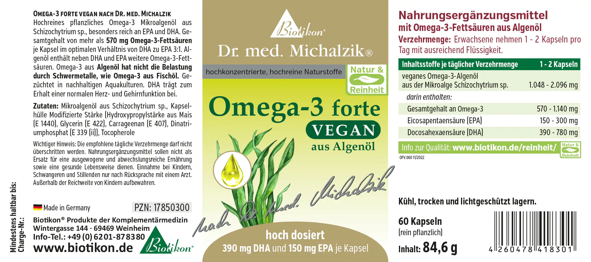 Omega-3 Forte Vegan 390 mg DHA – Kapseln Omega-3-Fettsäuren aus Algenöl, 60 vegane Kapseln in einer Verpackung, grün-gelb, seitliche Ansicht.