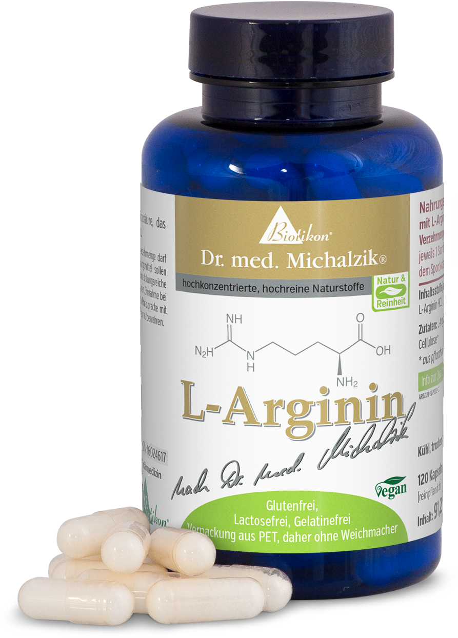 L-Arginin 120 Kapseln – Nahrungsergänzungsmittel Blaue Flasche mit L-Arginin Kapseln, 120 Stück, vegan, glutenfrei, Lactosefrei.