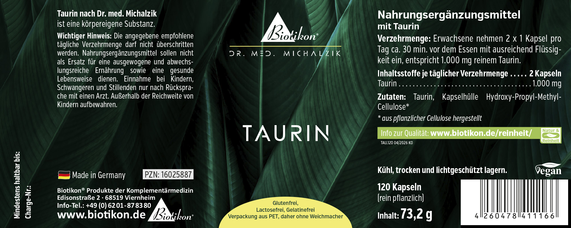 Taurin 1000 mg – 120 Kapseln Nahrungsergänzungsmittel Taurin in veganen, glutenfreien Kapseln, 120 Stück, grünliche Verpackung.