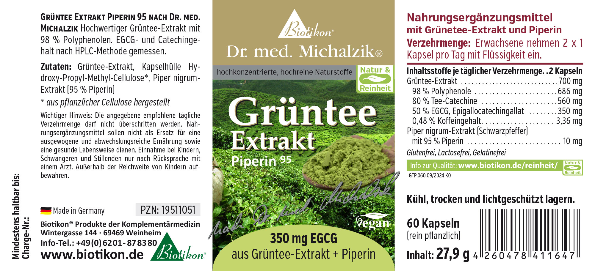 Grüntee Extrakt 350 mg – Kapseln Grüntee Extrakt mit Piperin, 60 Kapseln in einer Verpackung, grüne Farbe, seitliche Ansicht.