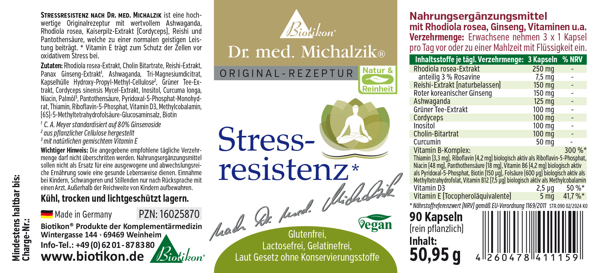 Stressresistenz – 90 Kapseln Nahrungsergänzungsmittel in einer transparenter Flasche mit 90 veganen Kapseln, farbenfroh gestaltet, für Stressbewältigung.