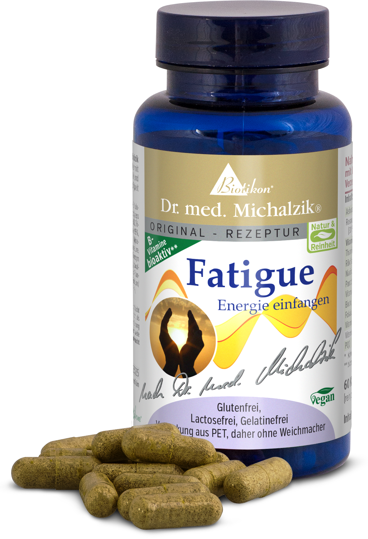 Fatigue B-Vitamine – 60 Kapseln Braune Kapseln in einer blauen Flasche, 60 Stück, glutenfrei, vegan.