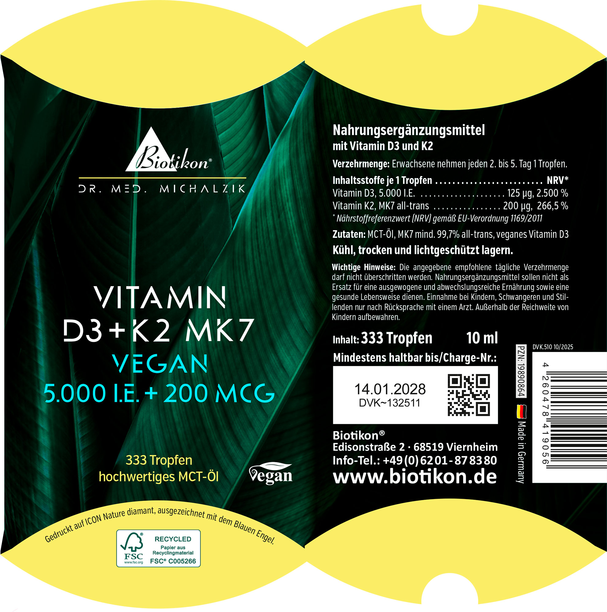 Nahrungsergänzungsmittel mit Vitamin D3 und K2 in Tropfenform, 10 ml, grüne Verpackung.