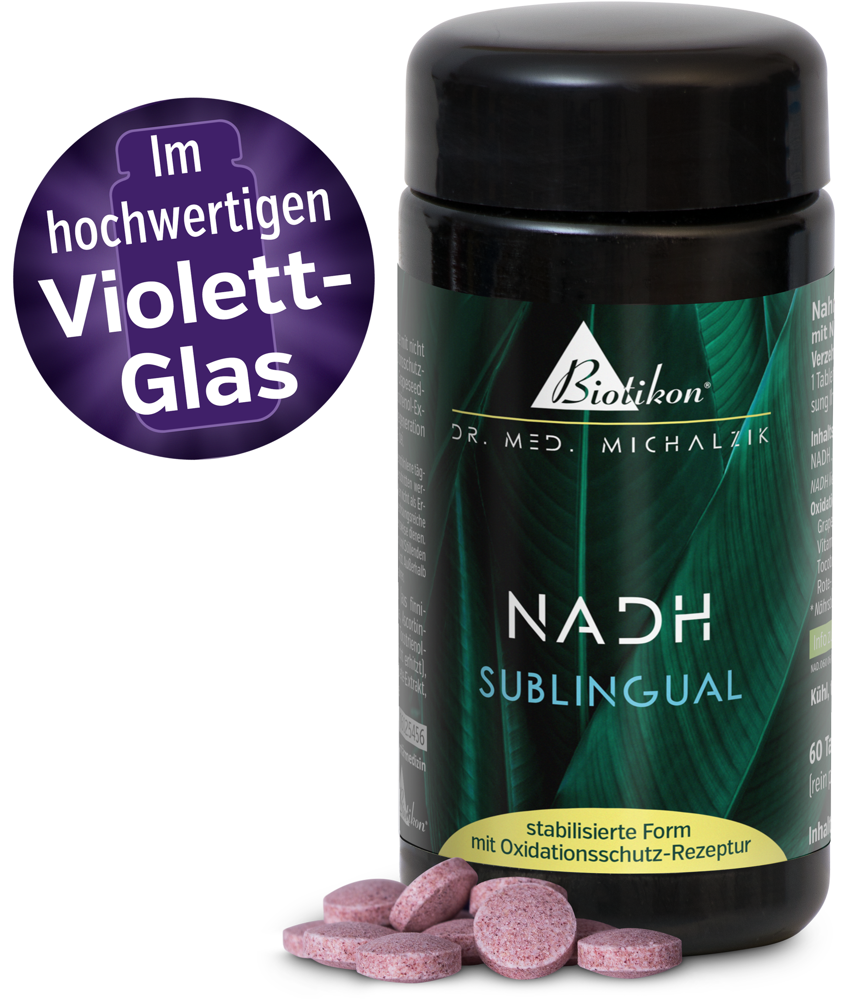 NADH-Dose im hochwertigen Violettglas Violette Glasflasche mit 60 sublingualen Tabletten in Rosa, hochwertig verpackt.