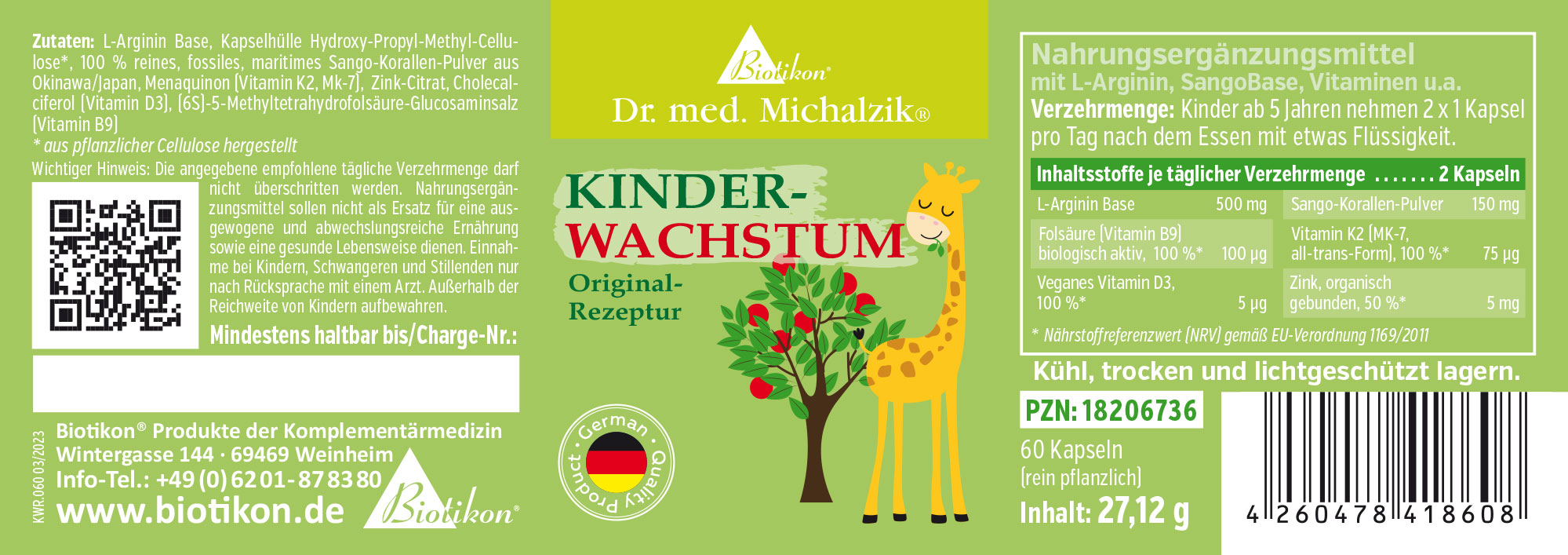 Kinder-Wachstum Kapseln – 60 Stück Nahrungsergänzungsmittel in grüner Verpackung, 60 Kapseln, mit L-Arginin und Vitaminen, gepackt in einer Blechdose.