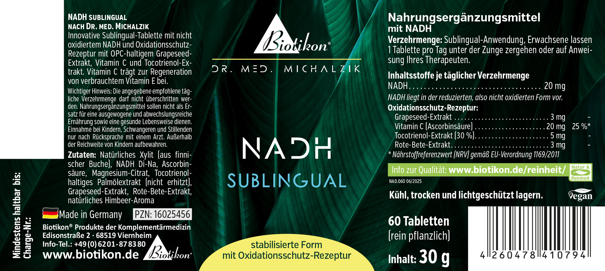 NADH sublingual 20 mg – 60 Tabletten NADH Sublingual Tabletten in grünem Verpackungsdesign, 60 Stück, 30 g, mit Inhaltsstoffen.