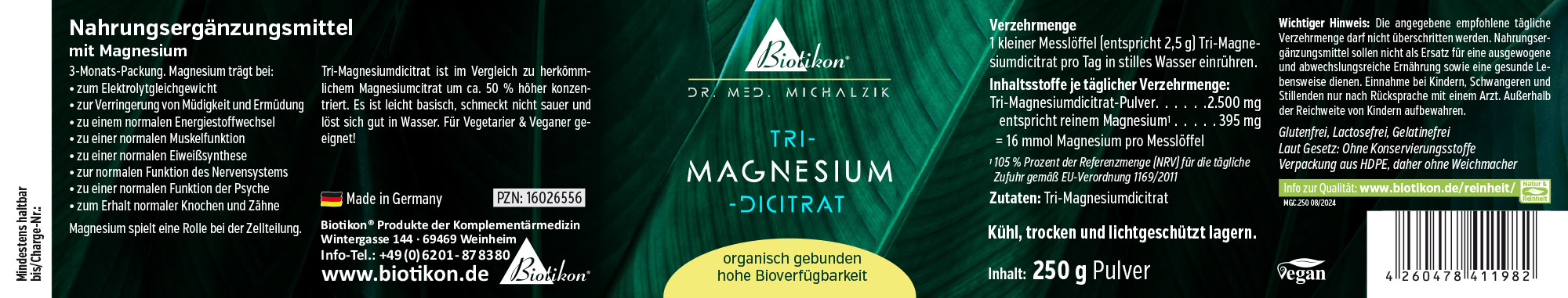 Tri-Magnesiumdicitrat 250 g – Pulver Tri-Magnesiumdicitrat Pulver in 250 g Packung, grüne Verpackung, Seitenansicht, vegan.