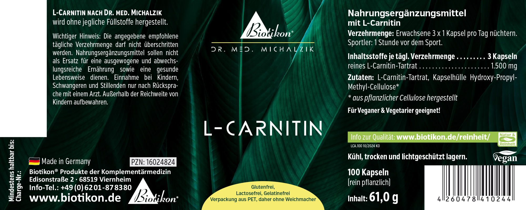 L-Carnitin 1500 mg – 100 Kapseln L-Carnitin Nahrungsergänzungsmittel in Kapsel-Form, 100 Kapseln, grüne Verpackung, seitliche Sicht