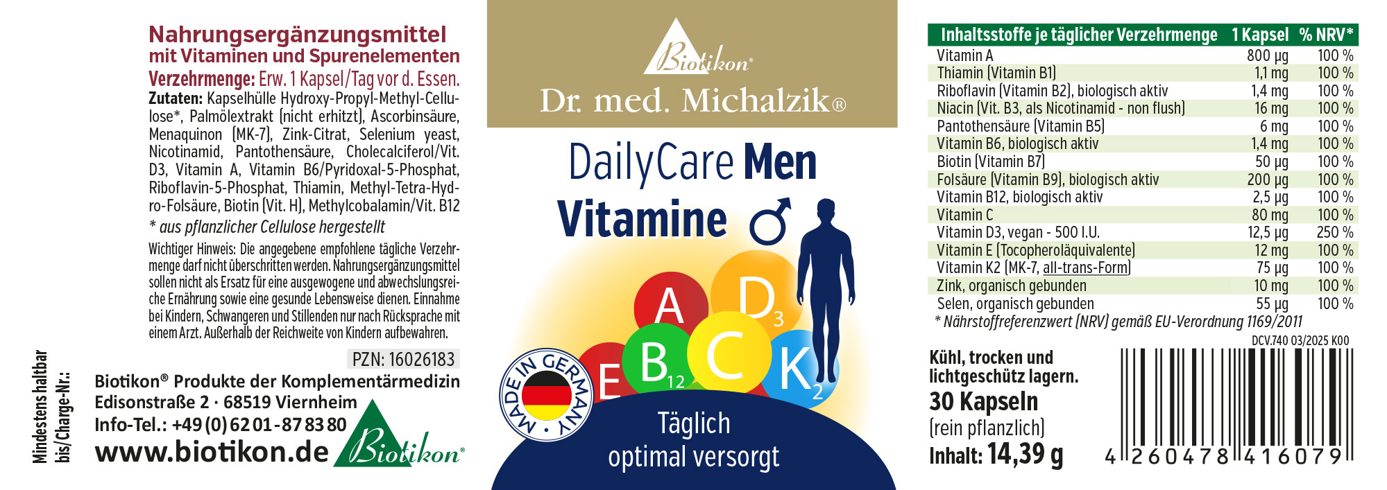 Vitamine 1 Kapsel – DailyCare Men Nahrungsergänzungsmittel in Kapsel-Form, 30 Kapseln, grüne Verpackung, Vorderansicht der Packung