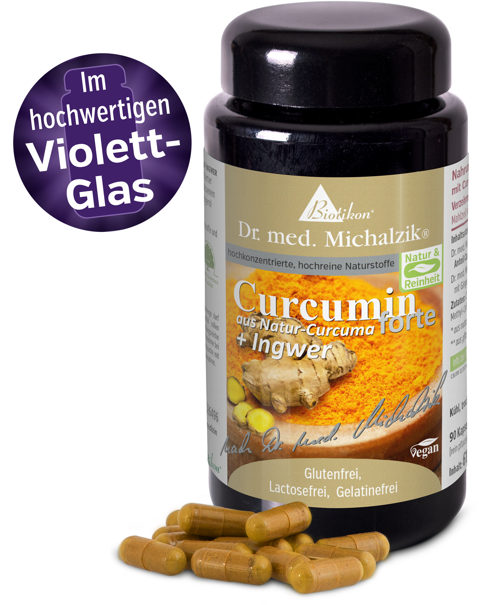 Curcumin forte – 90 Kapseln Braun-gelbe Kapseln in einem schwarzen Glasbehälter mit Etikett und Ingwerwurzel abgebildet.