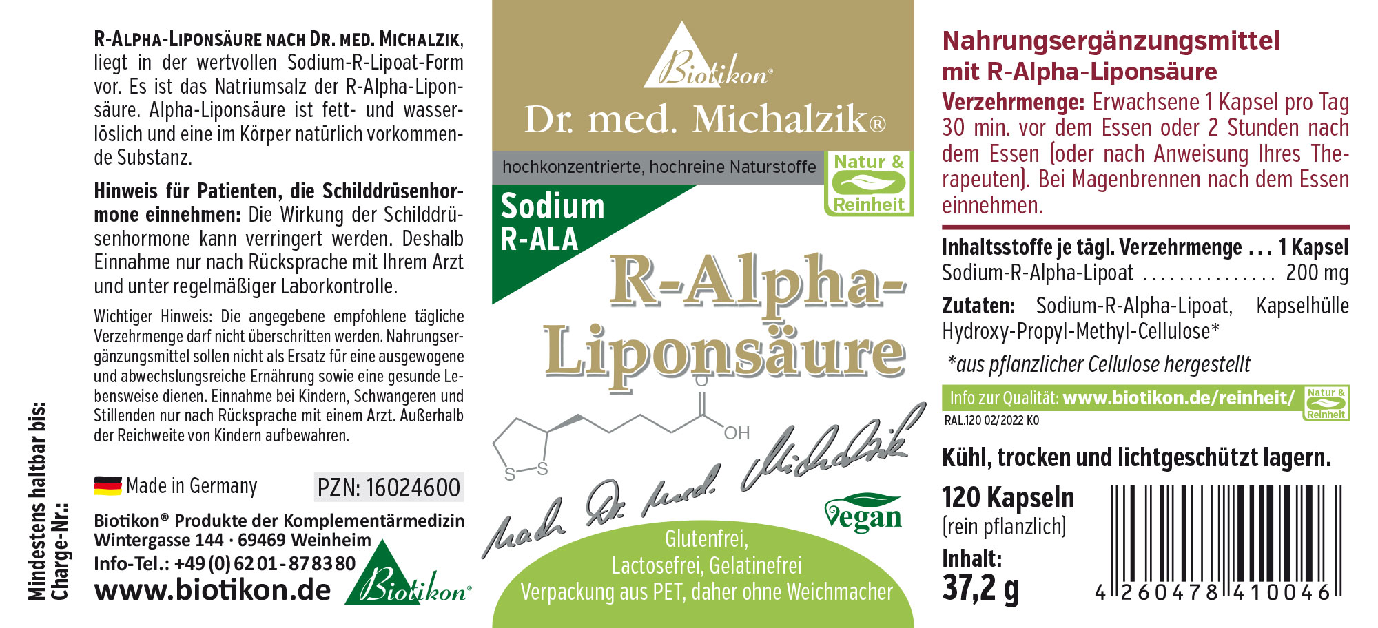 R-Alpha-Liponsäure 200 mg – 120 Kapseln 120 Kapseln R-Alpha-Liponsäure, vegane Verpackung, grüne und goldene Schrift, seitliche Ansicht.