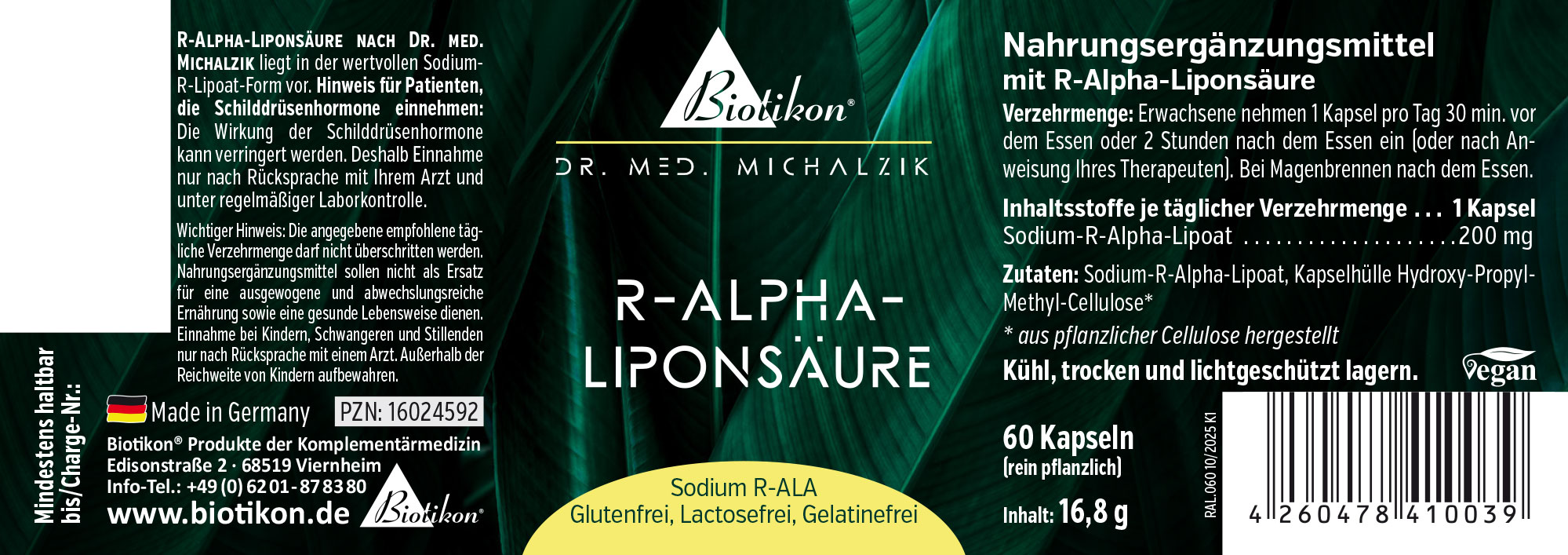 R-Alpha-Liponsäure 200 mg – 120 Kapseln 120 Kapseln R-Alpha-Liponsäure, vegane Verpackung, grüne und goldene Schrift, seitliche Ansicht.