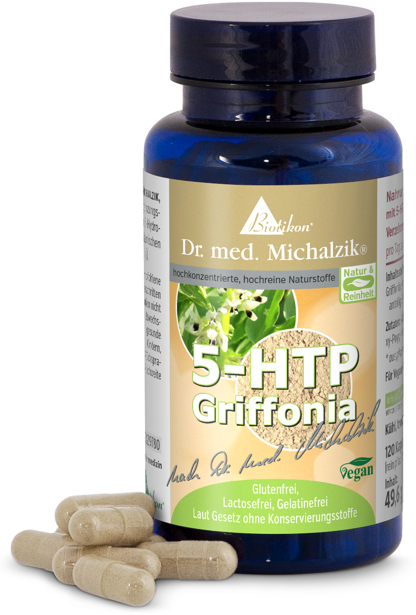 5-HTP Griffonia – 120 Kapseln Braune Kapseln mit 5-HTP Griffonia in einer blauen Flasche, 120 Kapseln, vegan.