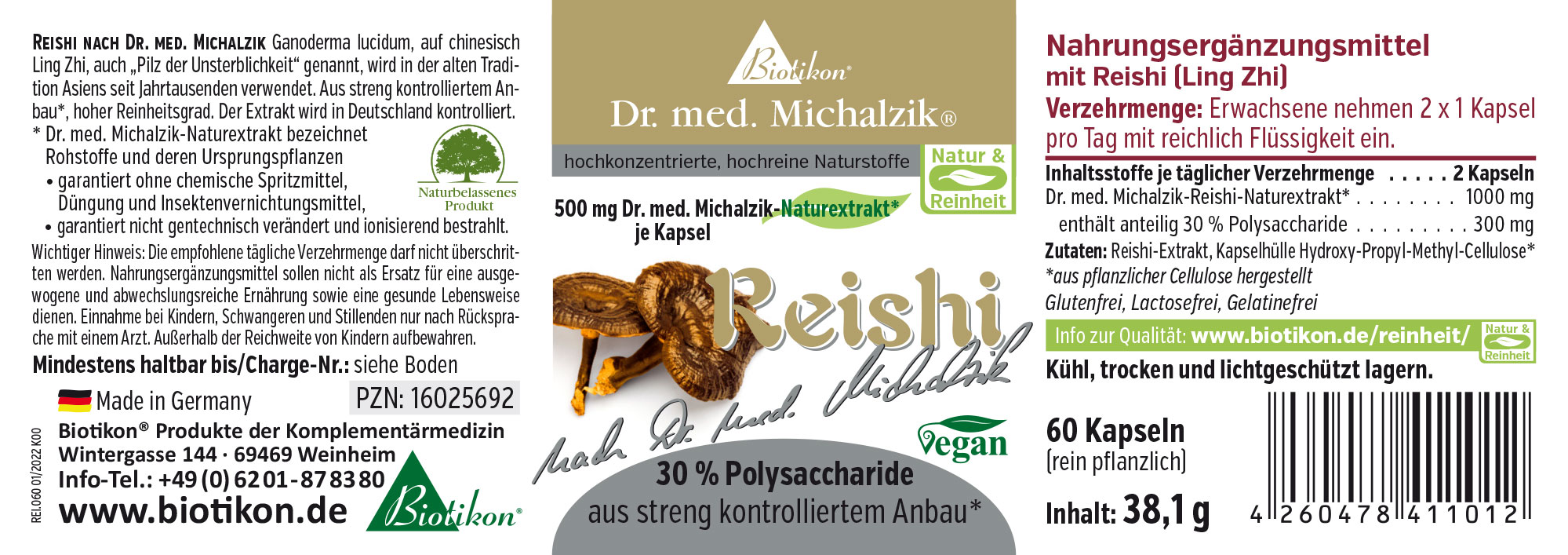 Reishi 500 mg – Kapseln Reishi-Pilz Kapseln, 60 Stück, dunkelbraune Kapsel, von Biotikon, vegan, in einer Kunststoffverpackung.