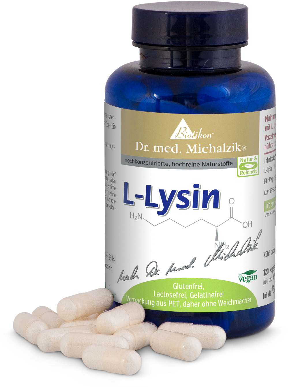 L-Lysin 120 Kapseln – hochkonzentriert L-Lysin Kapseln in blauer PET-Flasche, 120 Stück, weiß, vegan, glutenfrei, lactosfrei, mit einigen Kapseln daneben.