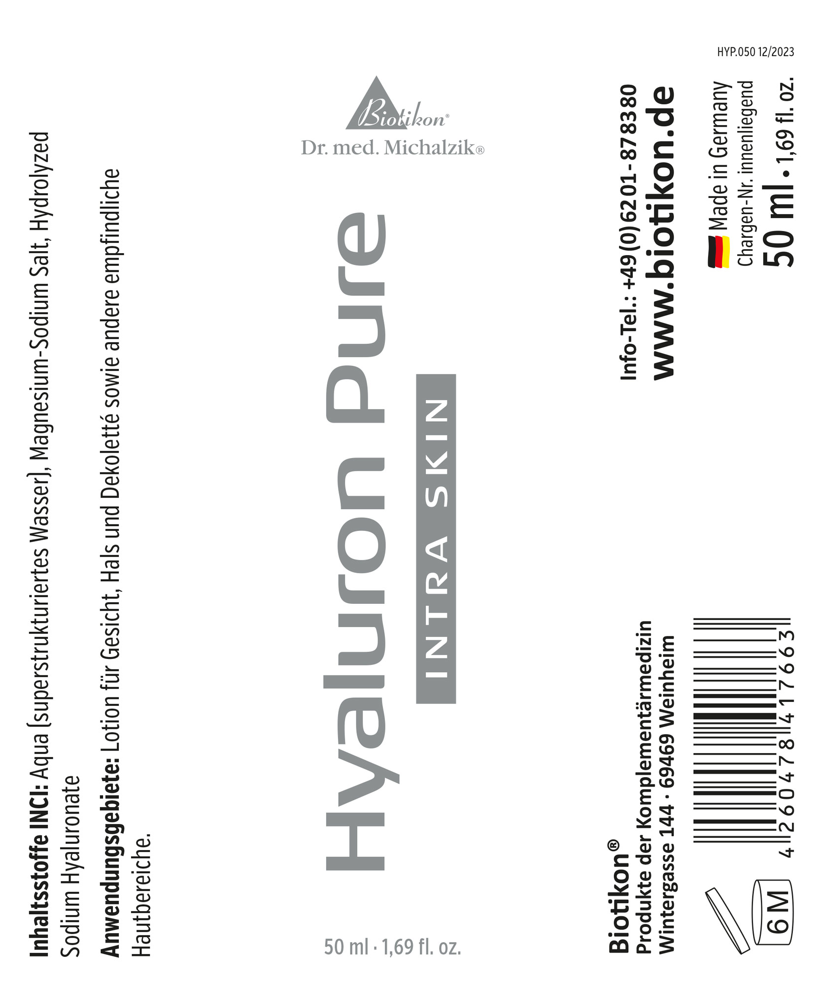 Hyaluron Pure 50 ml – Lotion Hyaluron Pure Lotion in einer 50 ml Flasche, hellblau, zur Hautpflege.