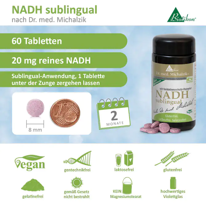 NADH sublingual 20 mg – 60 Tabletten 60 Tabletten NADH sublingual, pinke Tabletten, durchsichtiger Behälter, vegane Formel, 20 mg pro Tablette.