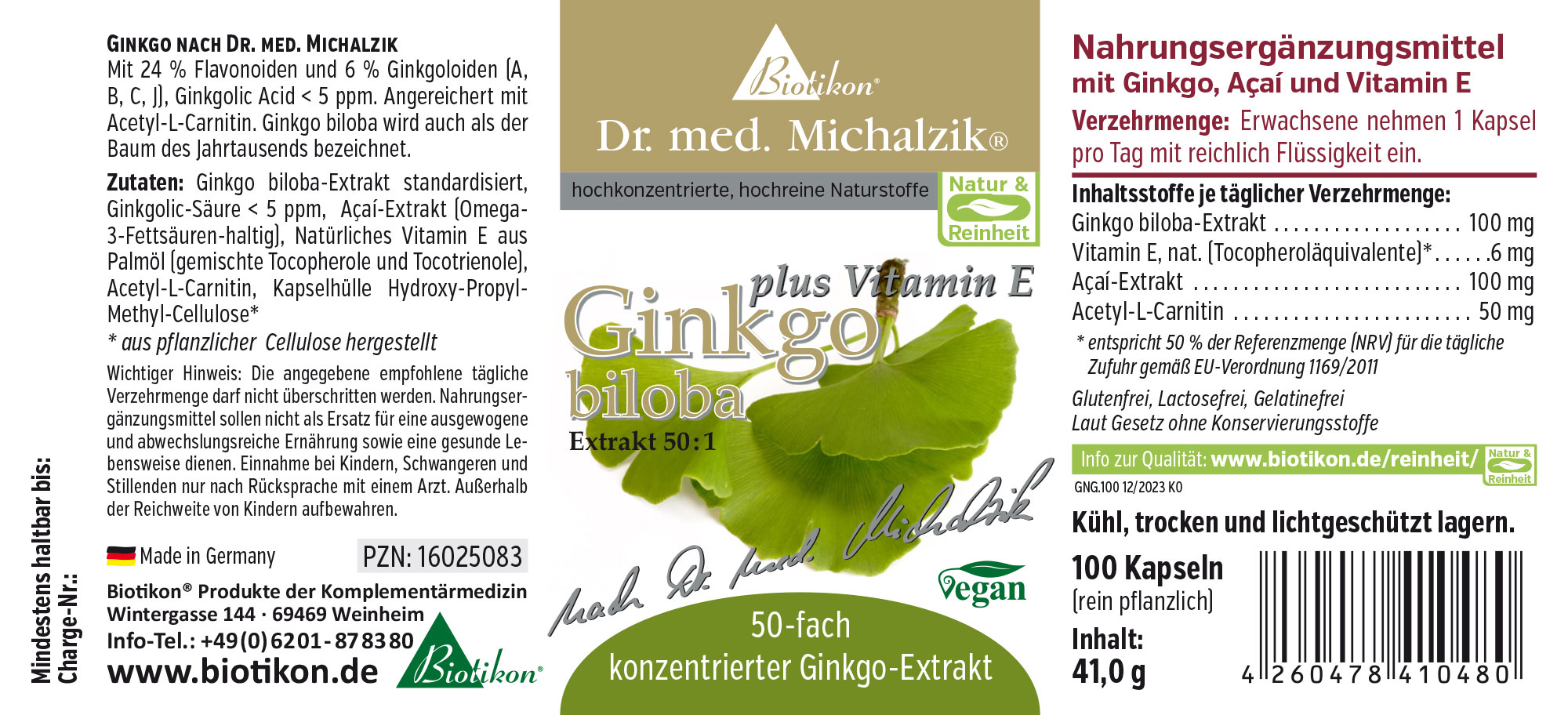 Ginkgo biloba 100 mg – 100 Kapseln Nahrungsergänzungsmittel Ginkgo biloba Extrakt 50:1, 100 Kapseln, grüne Verpackung, Perspektive leicht schräg.
