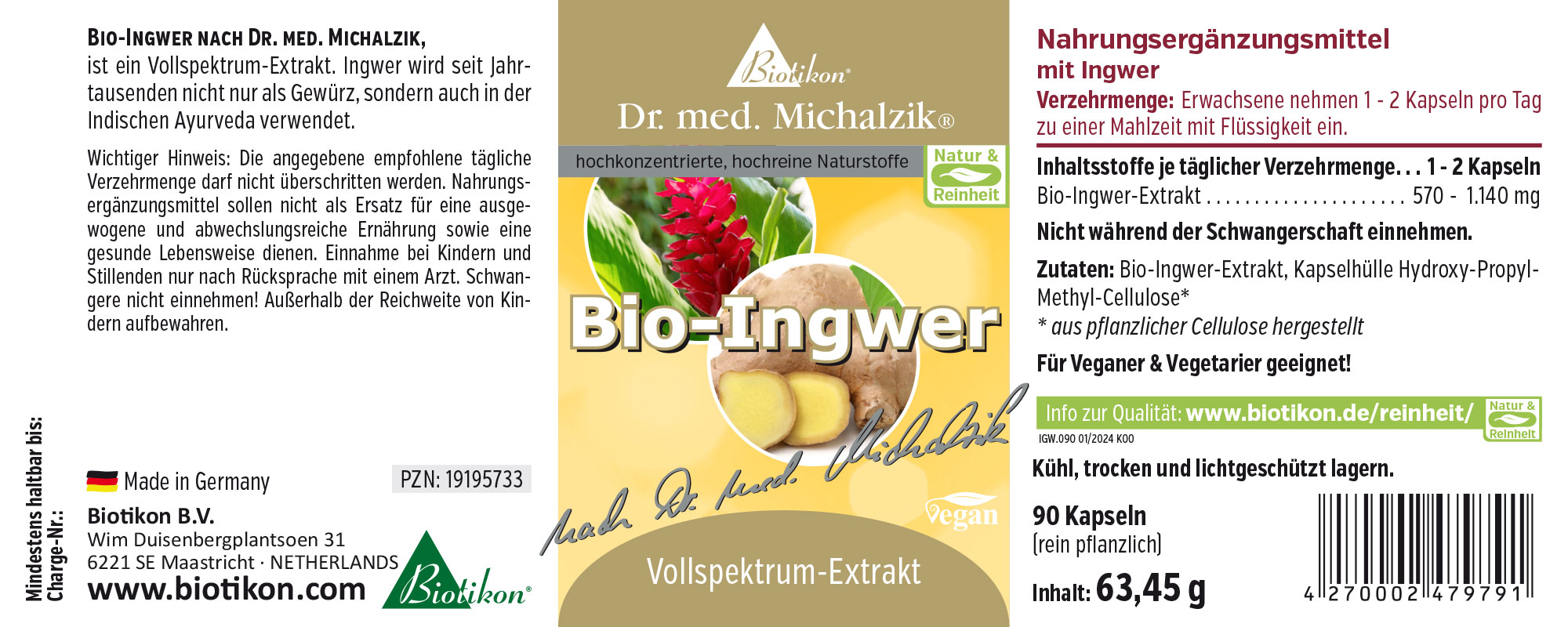 Bio-Ingwer 1-2 Kapseln – Vollspektrum-Extrakt Bio-Ingwer Nahrungsergänzungsmittel in Kapseln, 90 Stück, gelbe Verpackung, Sicht auf Vorderseite.