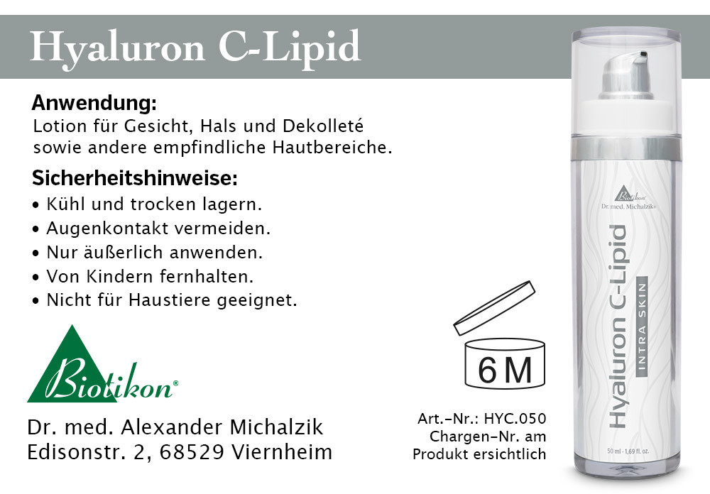 Hyaluron C-Lipid – 50 ml Lotion Hyaluron C-Lipid Lotion, 50 ml, für Gesicht, Hals und Dekolleté, transparenter Spender, frontal