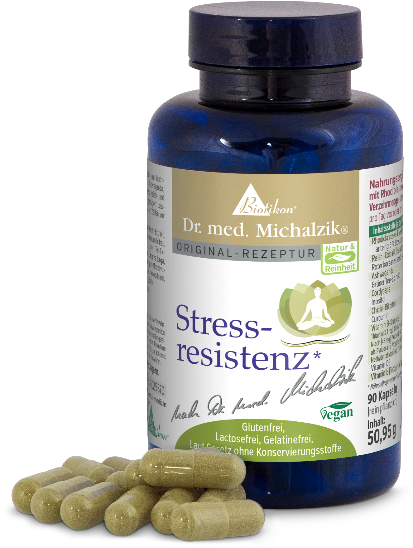 Stressresistenz 90 Kapseln – Nahrungsergänzungsmittel Blaue Flasche mit 90 Kapseln für Stressresistenz, Kapseln in hellem Grün und Beige.