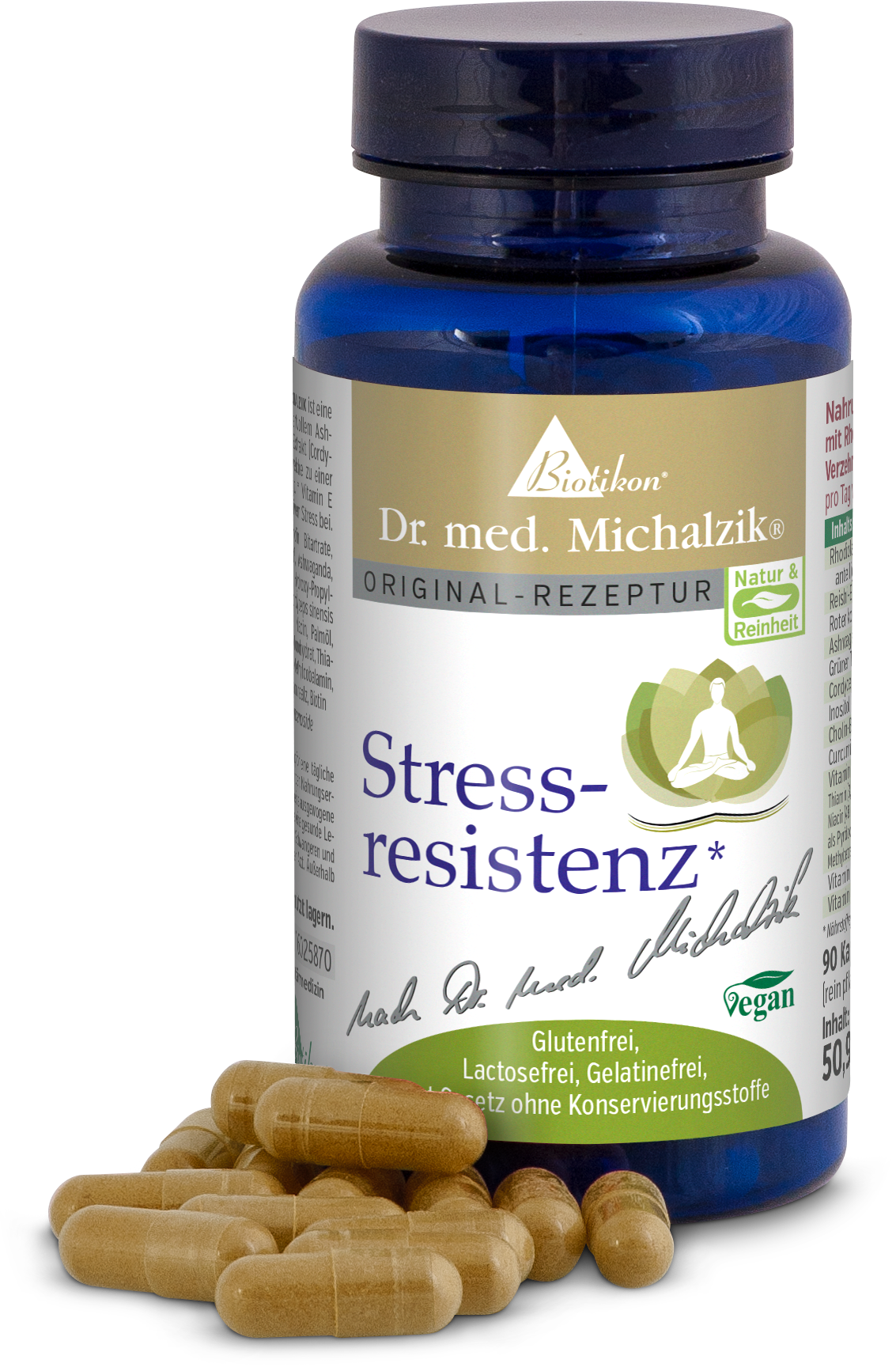 Stressresistenz 90 Kapseln – Nahrungsergänzungsmittel Blaue Flasche mit 90 Kapseln für Stressresistenz, Kapseln in hellem Grün und Beige.