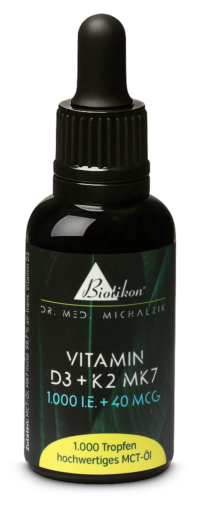 Vitamin D3 + K2 MK7 1000 I.E. – Tropfen Tropfenflasche mit 1000 Tropfen Vitamin D3 und K2 MK7, schwarze Verpackung, gut sichtbar.