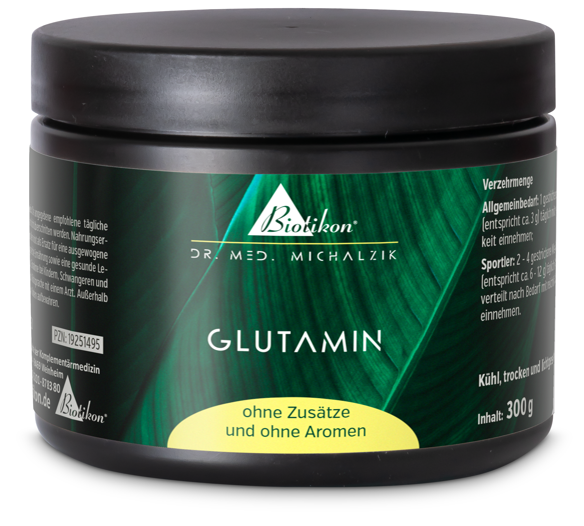 Glutamin 300 g – Pulver Glutamin Pulver in schwarzem Kunststoffbehälter, 300 g, ohne Zusätze und Aromen, grüne Verpackung