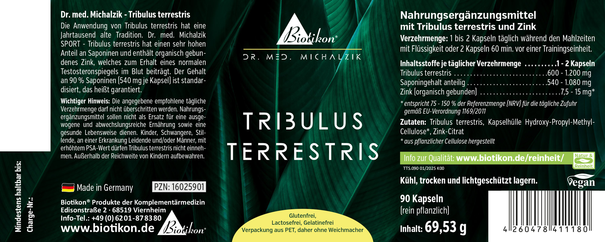 Tribulus terrestris 90 Kapseln – Nahrungsergänzungsmittel Nahrungsergänzungsmittel Tribulus terrestris in einer Verpackung mit 90 Kapseln, grün und gelb, Vorderansicht.