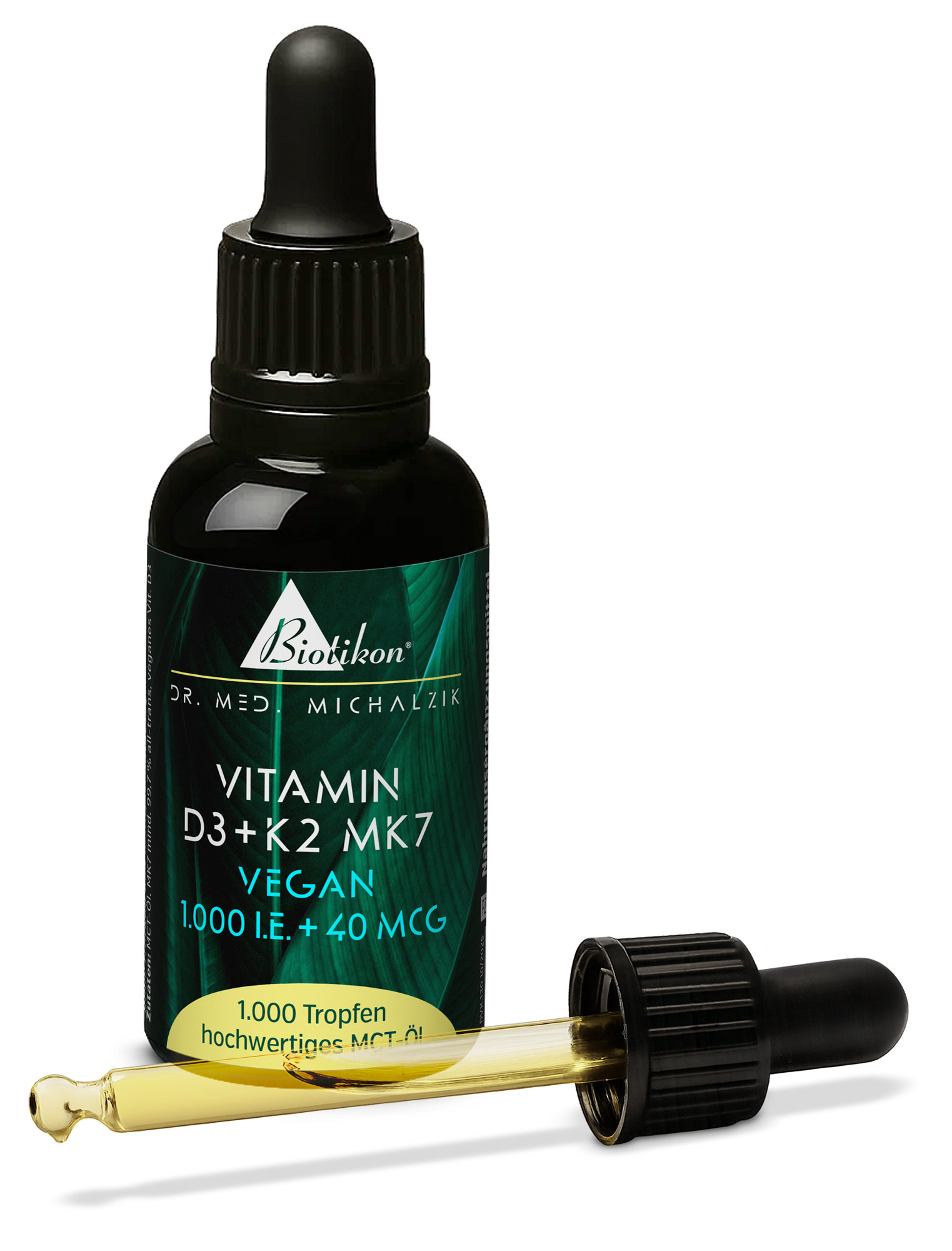 Flasche mit Vitamin D3 und K2 MK7 in Tropfenform, 1.000 IE und 40 McG, goldene Flüssigkeit im Pipettenaufsatz.