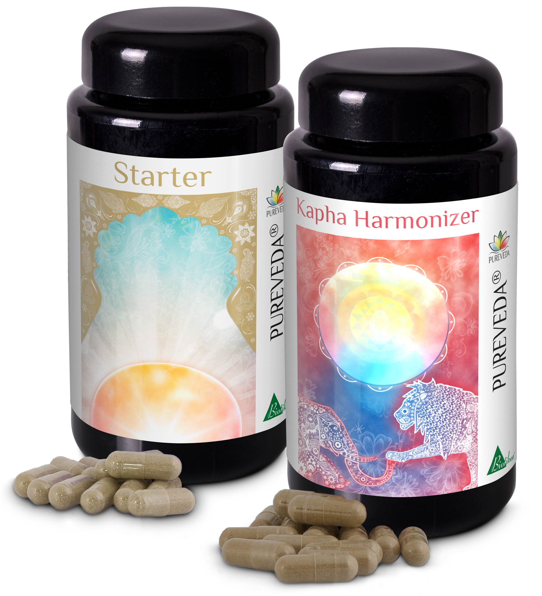 Ayurvedische Kapseln – Starter & Kapha Harmonizer Zwei Flaschen mit ayurvedischen Kapseln, eine in hellen Farben, die andere in kräftigen Tönen, mit mehreren Kapseln daneben.