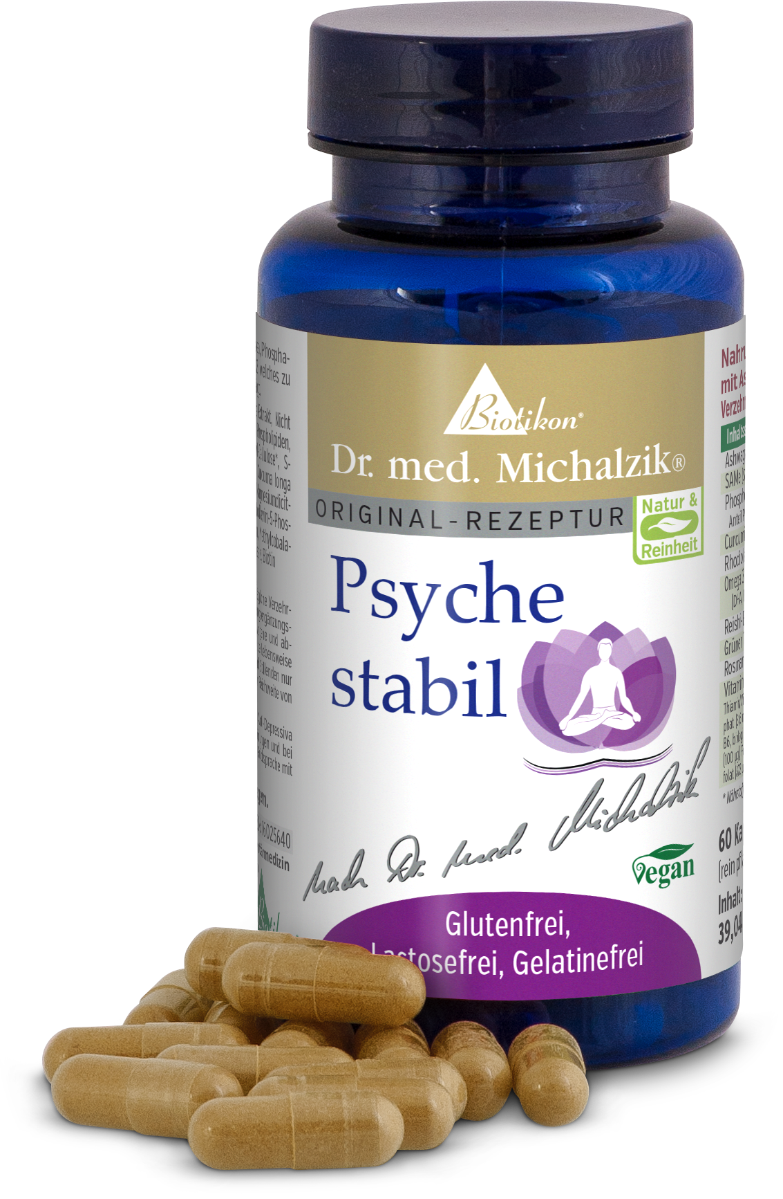 Psyche stabil – 60 Kapseln Kapselpackung Psyche stabil mit 60 vegetarischen Kapseln, gelb-braun, in blauer Flasche.