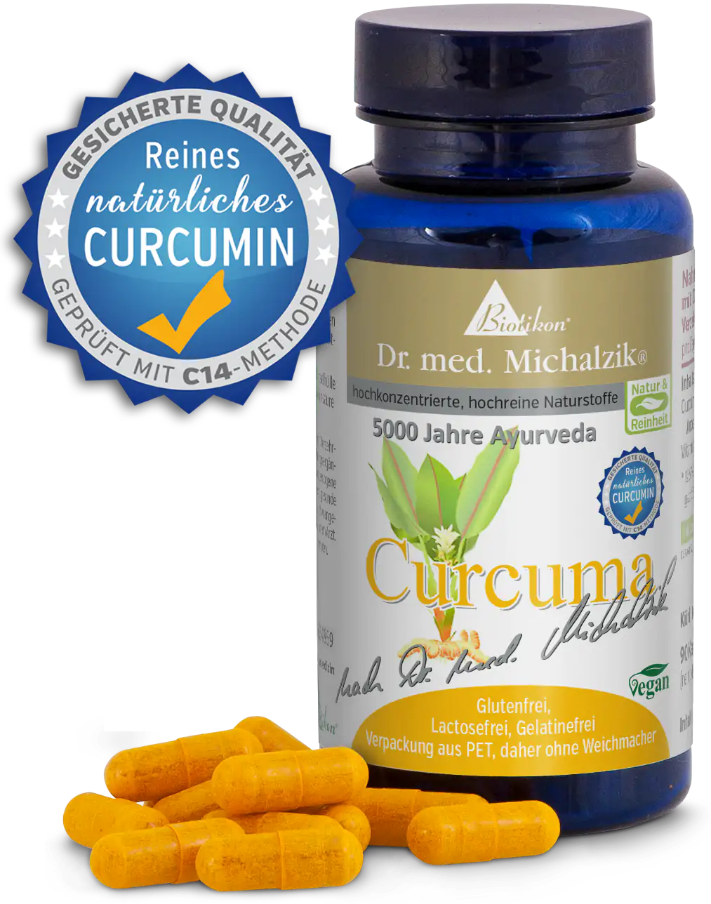 Curcuma 500 mg – Kapseln Gelbe Kapseln in PET-Verpackung, Curcuma 500 mg, vegan, glutenfrei, Detailansicht
