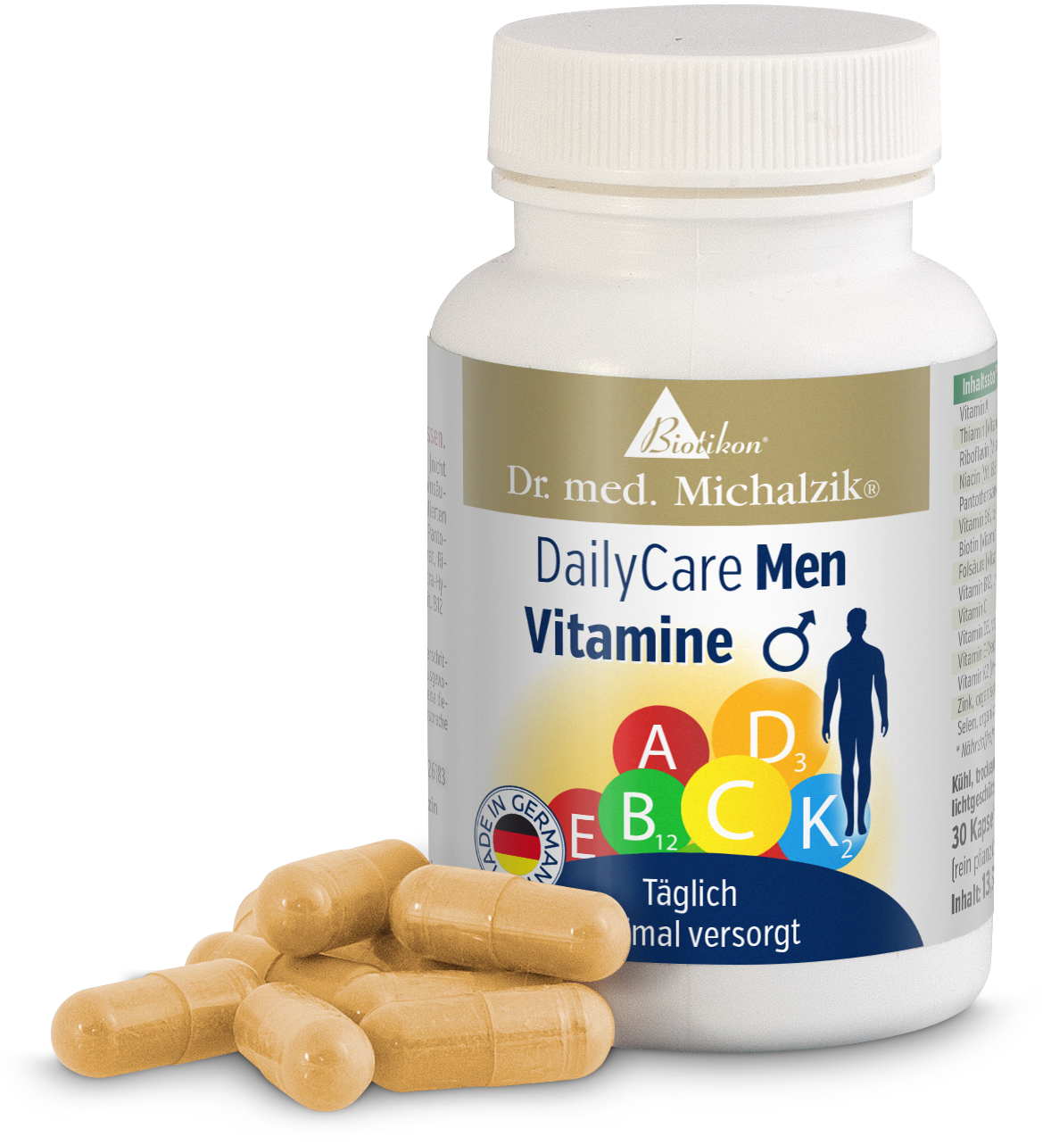 DailyCare Men Vitamine – Kapseln Packung mit DailyCare Men Vitaminen, 30 Kapseln, beige, sichtbare Kapseln daneben.