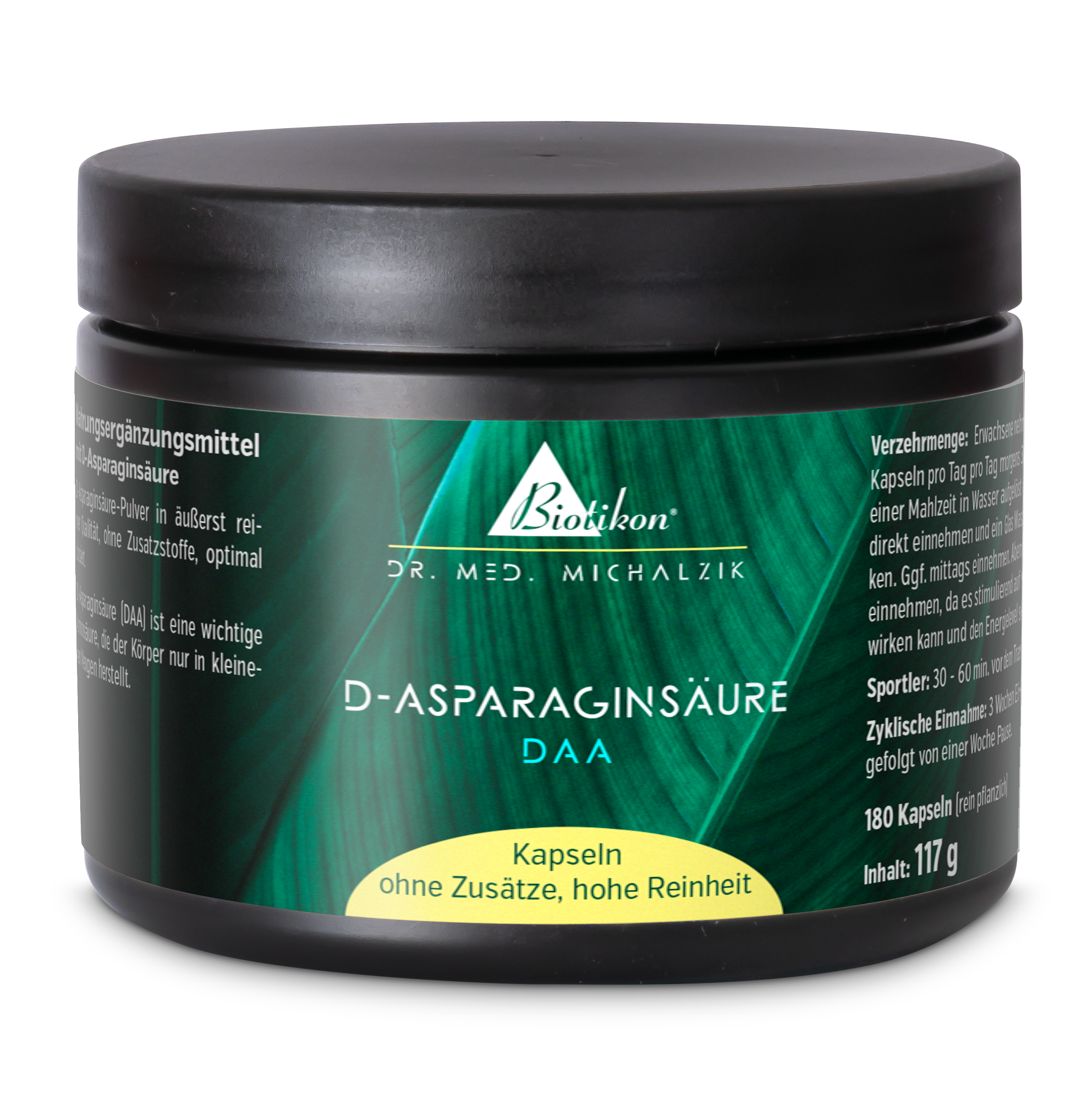 D-Asparaginsäure 180 Kapseln Dose mit D-Asparaginsäure, 180 Kapseln, schwarze Verpackung, grüne Akzente.