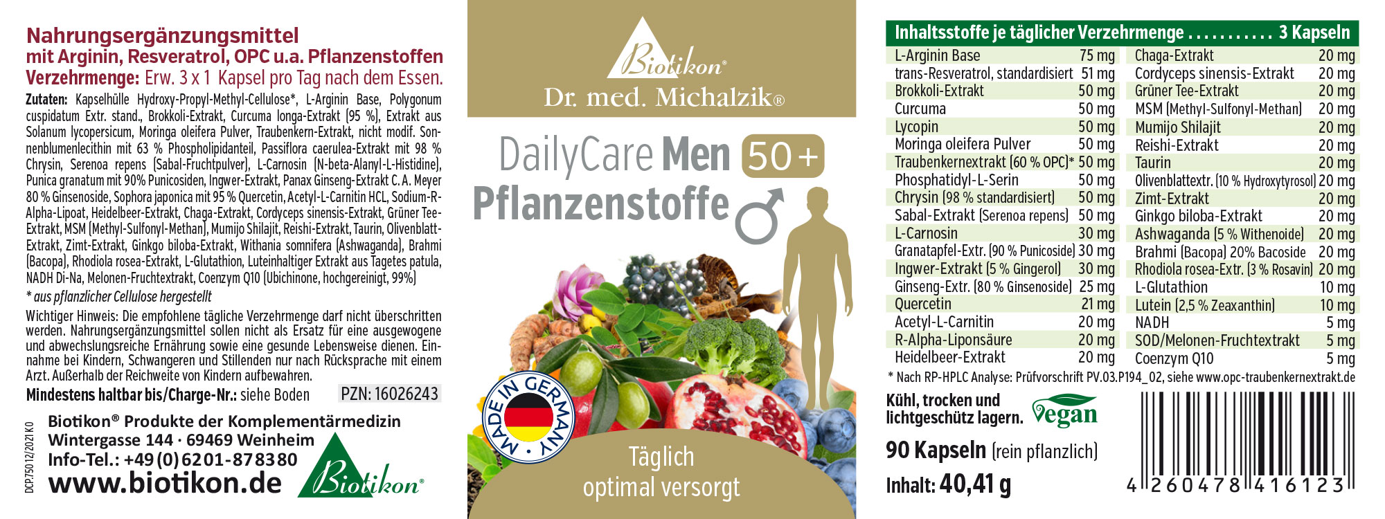 Pflanzenstoffe 50+ – 90 Kapseln Nahrungsergänzungsmittel für Männer 50+, 90 Kapseln in einer weißen Verpackung, Ansicht auf Vorder- und Rückseite.