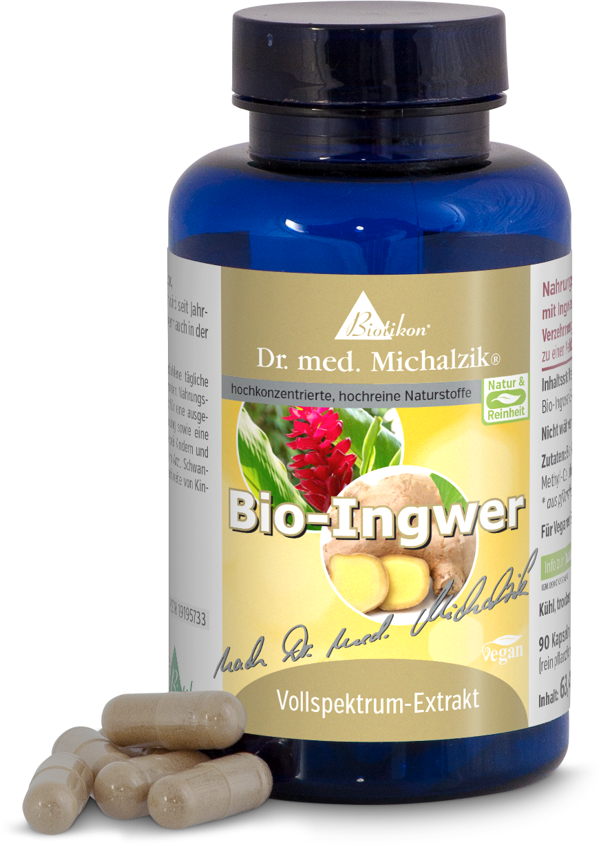 Bio-Ingwer 90 Kapseln – Vollspektrum-Extrakt Blaue Flasche mit 90 veganen Kapseln, Bio-Ingwer Vollspektrum-Extrakt, sichtbare Kapseln im Vordergrund.