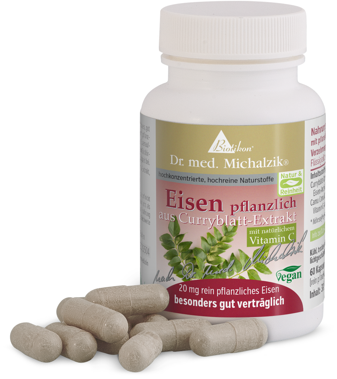 Eisen pflanzlich 20 mg – Kapseln Dosen mit 60 Kapseln, pflanzliches Eisen aus Curryblatt-Extrakt, vegane Kapseln.