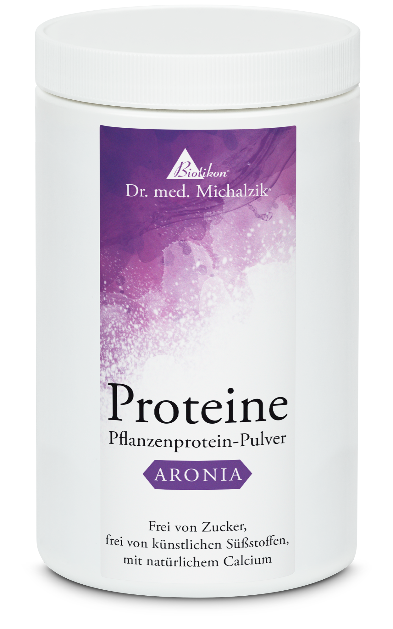 Pflanzenprotein-Pulver Aronia – 500 g Weißer Behälter mit lila Akzent, Pflanzenprotein-Pulver Aronia, 500 g, seitliche Ansicht.
