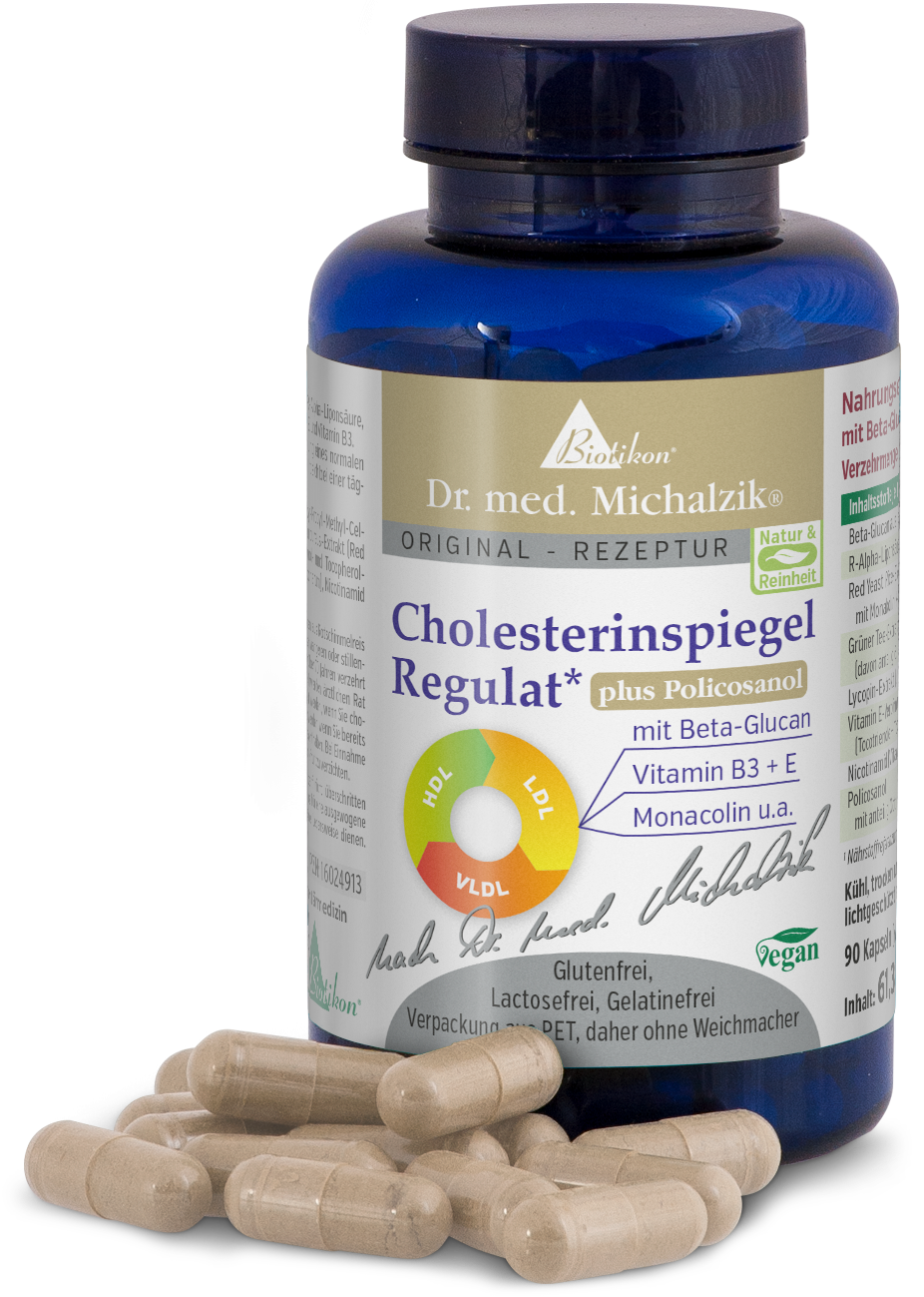 Cholesterinspiegel Regulat plus Policosanol – Kapseln Braune Kapseln aus einer blauen Flasche mit 90 Stück, vegan und glutenfrei.