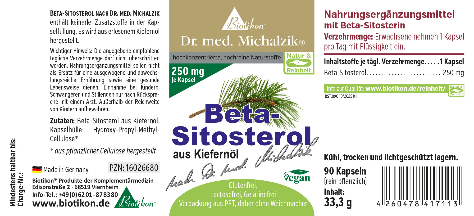 Beta-Sitosterin 250 mg – Kapseln 90 Kapseln Beta-Sitosterin aus Kiefernholz, vegane Verpackung, 250 mg pro Kapsel.