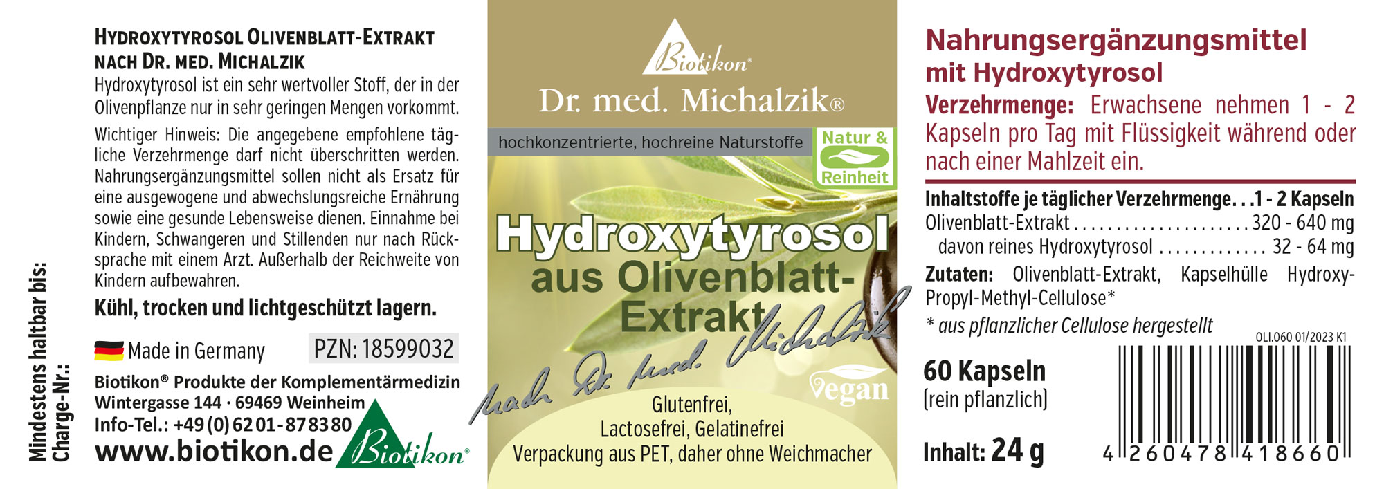 Hydroxytyrosol Olivenblatt-Extrakt – 60 Kapseln Nahrungsergänzungsmittel Hydroxytyrosol aus Olivenblatt-Extrakt, 60 Kapseln in PET-Verpackung, grünlich-braun