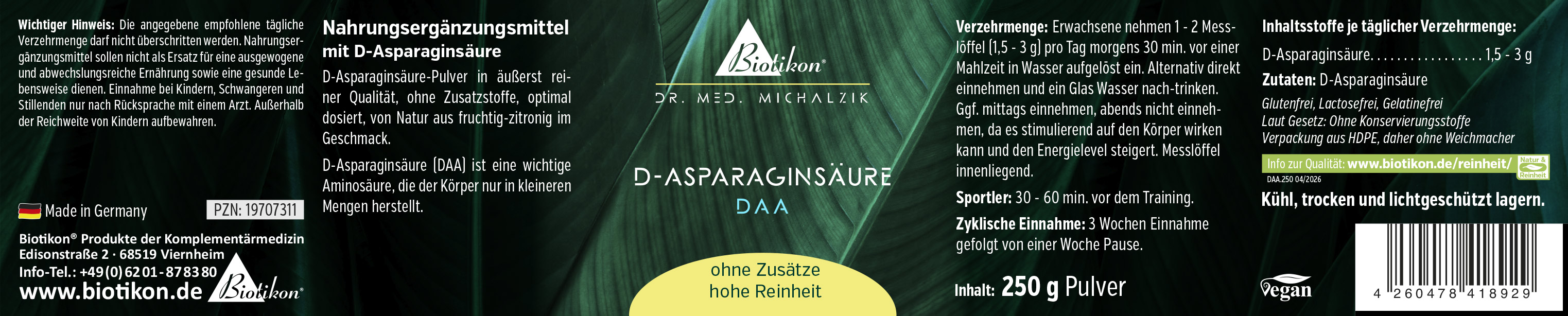 D-Aspartaminsäure Pulver in 250 g Packung, grünlich schwarz, Sicht auf die Schachtel mit Dosieranleitung.