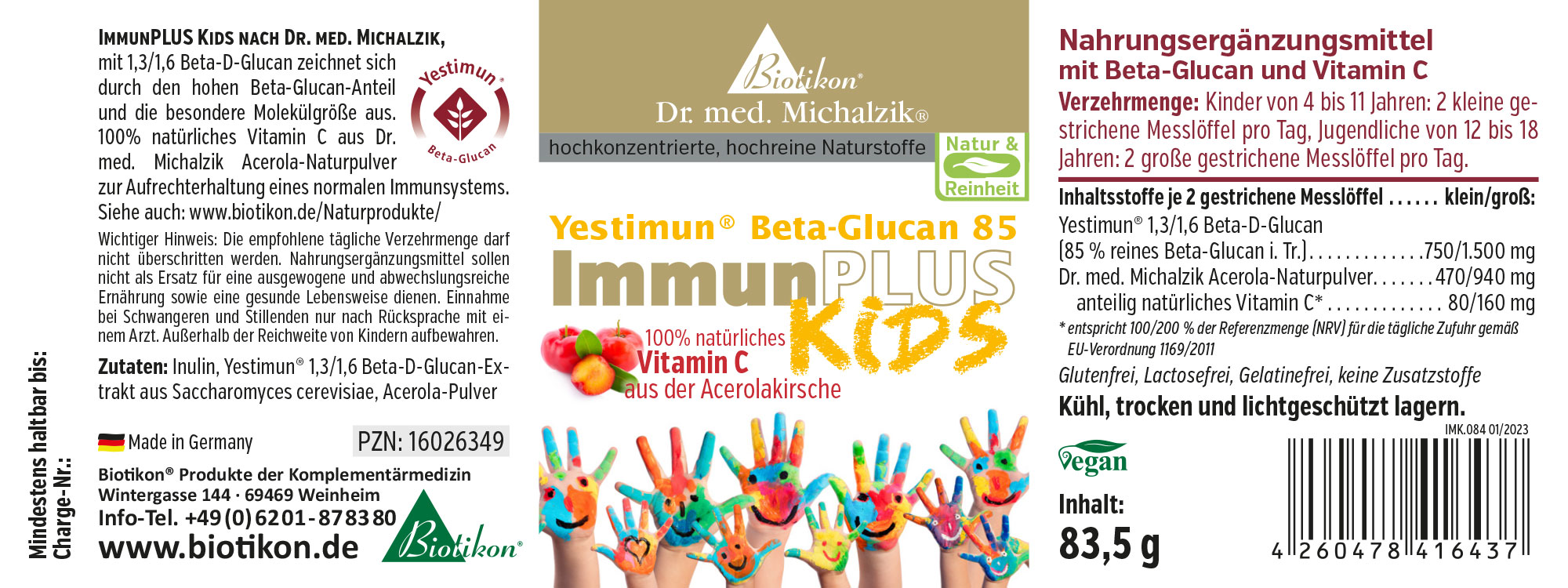 ImmunPLUS Kids Beta-Glucan 85 – Pulver 83,5 g ImmunPLUS Kids Nahrungsergänzungsmittel, Beta-Glucan und Vitamin C, 83,5 g Verpackung mit bunten Händen.