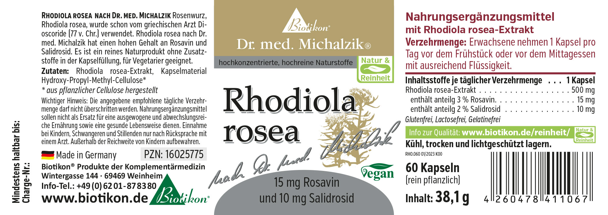 Rhodiola rosea 500 mg – Kapseln 60 Kapseln mit Rhodiola rosea-Extrakt, vegan, in einer packungsfreundlichen Verpackung, rot und grün.