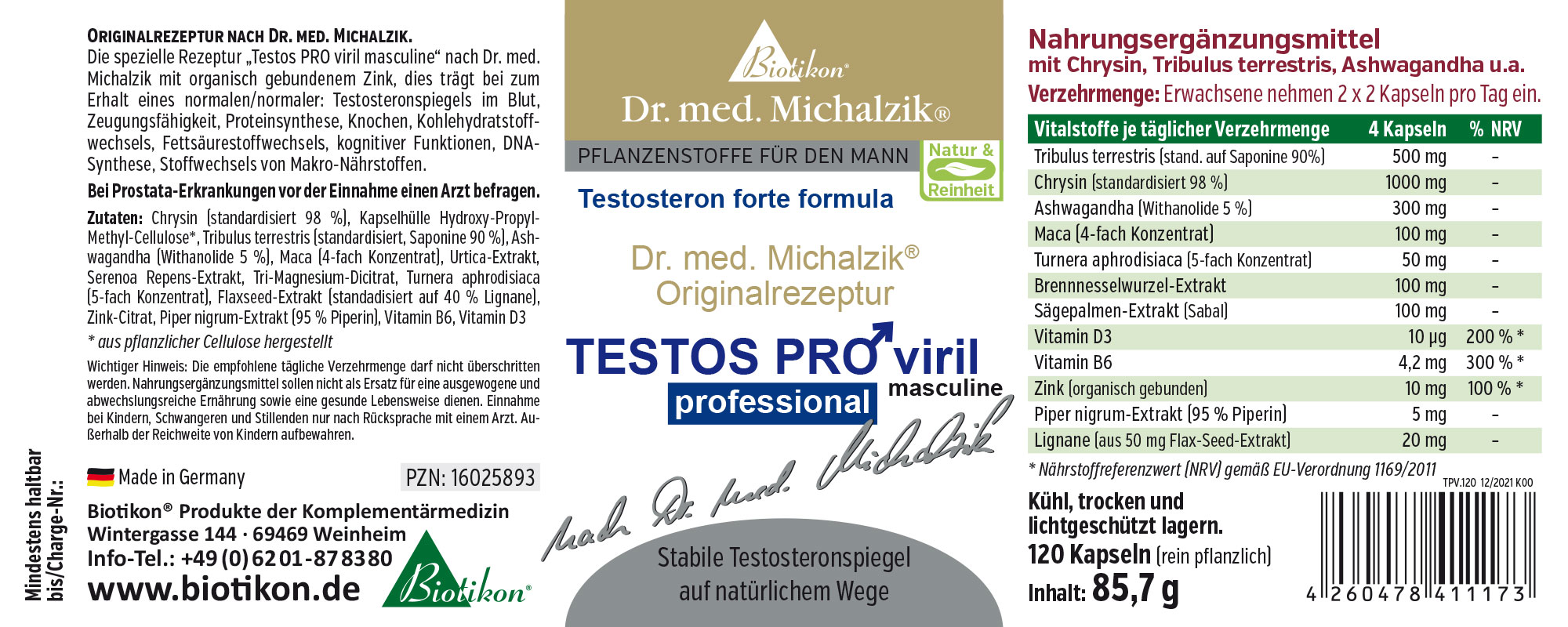 Testosteron forte 120 Kapseln – Biotikon Nahrungsergänzungsmittel in blauer Verpackung, 120 Kapseln, mit verschiedenen Pflanzenextrakten.