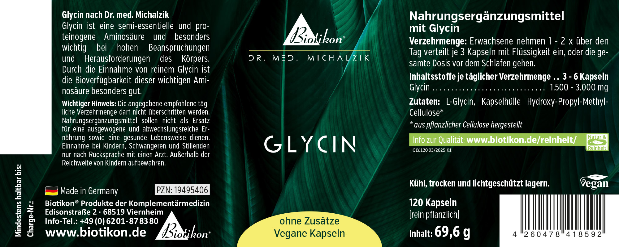 Glycin 120 Kapseln – Nahrungsergänzungsmittel Vegane Kapseln mit Glycin, 120 Stück, grüne Verpackung, Vorderansicht.