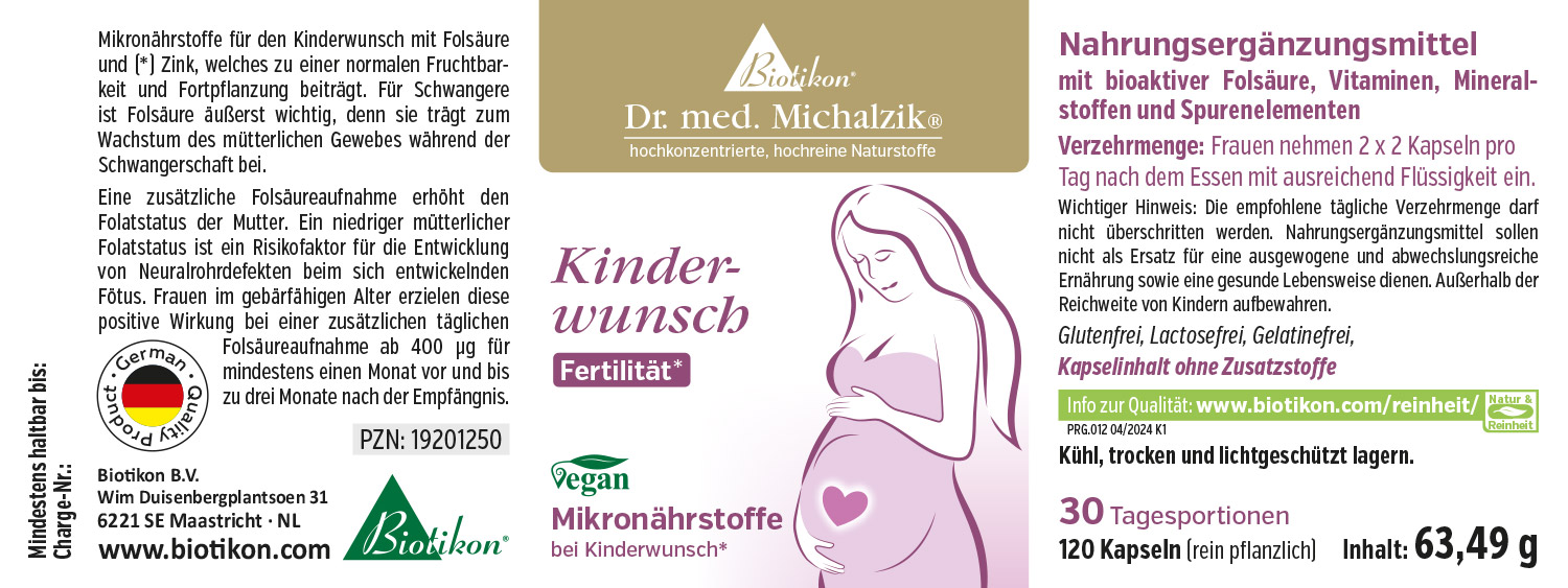 Folsäure 120 Kapseln – Kinderwunsch Nahrungsergänzung Nahrungsergänzungsmittel für Kinderwunsch, 120 Kapseln, vegan, in Kartonverpackung, Vorderansicht