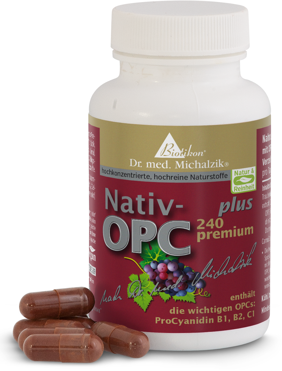 Nativ-OPC plus 240 – Kapseln Braune Kapseln in einer weißen Flasche, 240 Stück, Produkt mit Traubenkern-Extrakt, Vorderansicht.